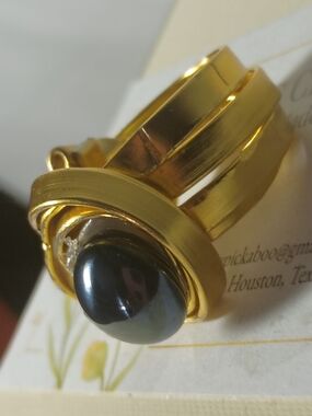 Gold-Tone Ring with Black Cabochon - Women's Fashion Ring